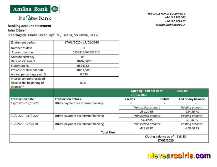 Sri Lanka Amana bank proof of address statement in Word and PDF format